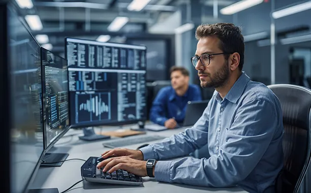 Engineer working across several monitors
